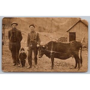 Antique RPPC Real Photo Postcard Farmers Men Child Cow Rural Farm Life Sepia